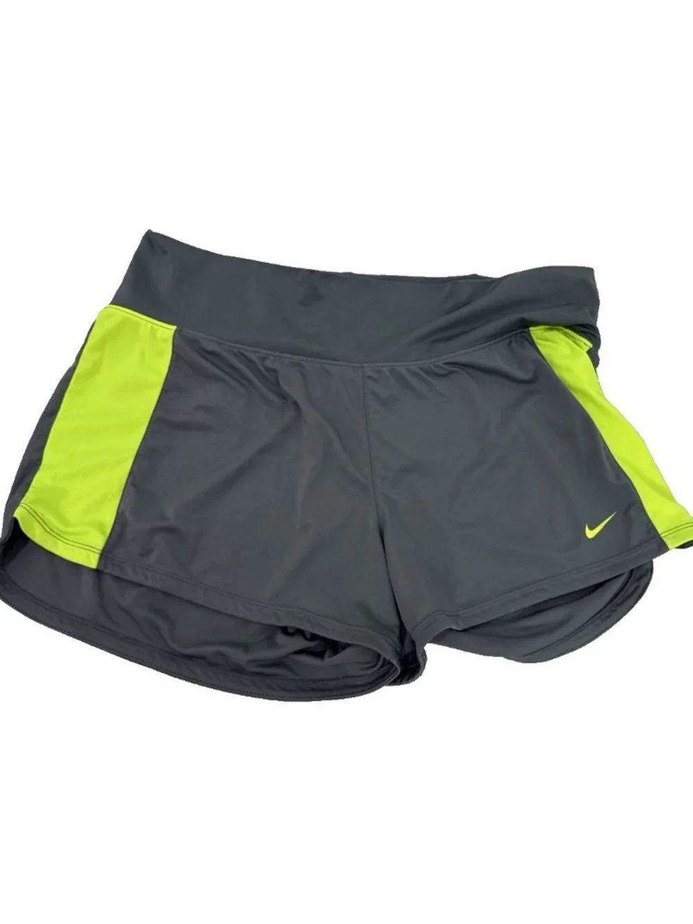Nike Dri-Fit Gray Neon Green Comfort Waist Band Running Shorts Womens Size XL